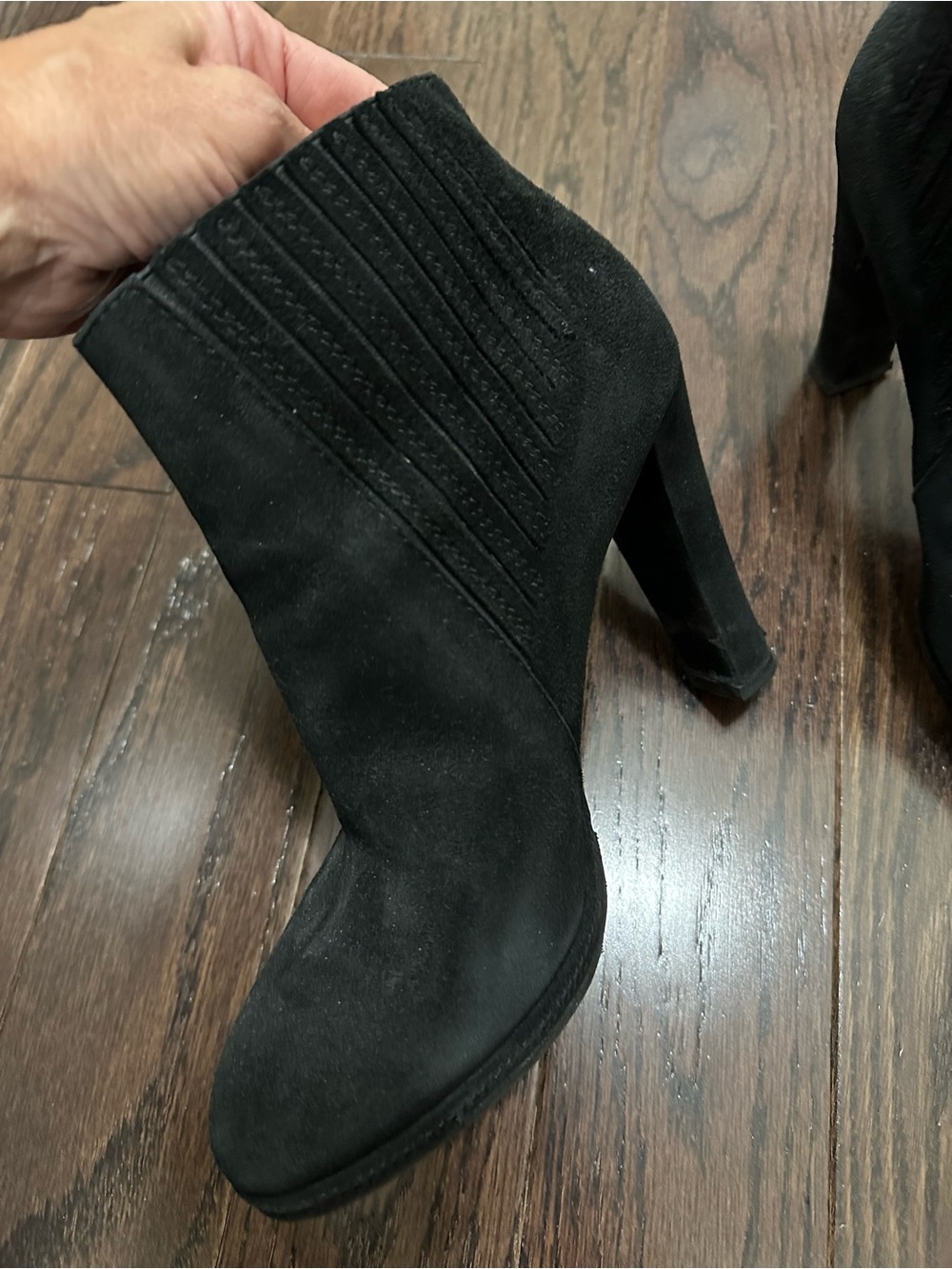 Elie Tahari Black Suede Ankle Booties with patent detail